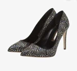 Rupert Sanderson Blue Gold Sequin Textile Pointed Toe Pumps Slip On EU 40